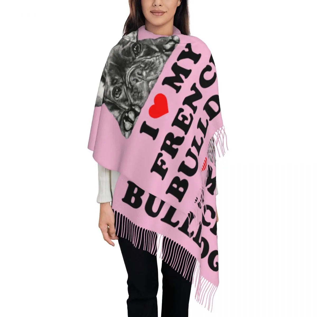 Custom French Bulldog Scarf Wrap Women Long Winter Fall Warm Tassel Shawl Unisex Frenchie Dog Lover Scarves