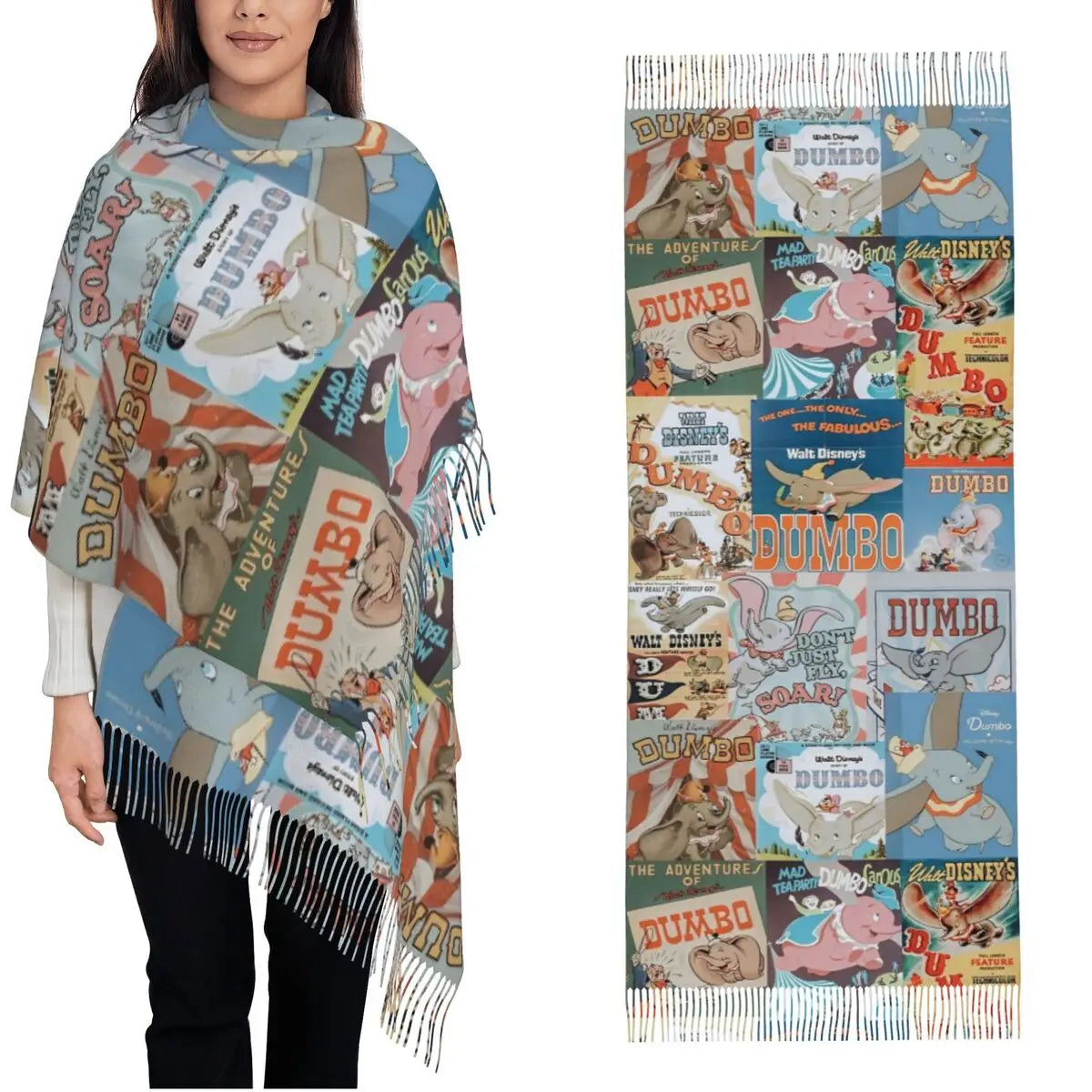 Dumbo Cartoon Cute Elephant Shawls Wraps for Womens Warm Large Soft Scarf Anime Funny Neckerchief Tassel Scarves