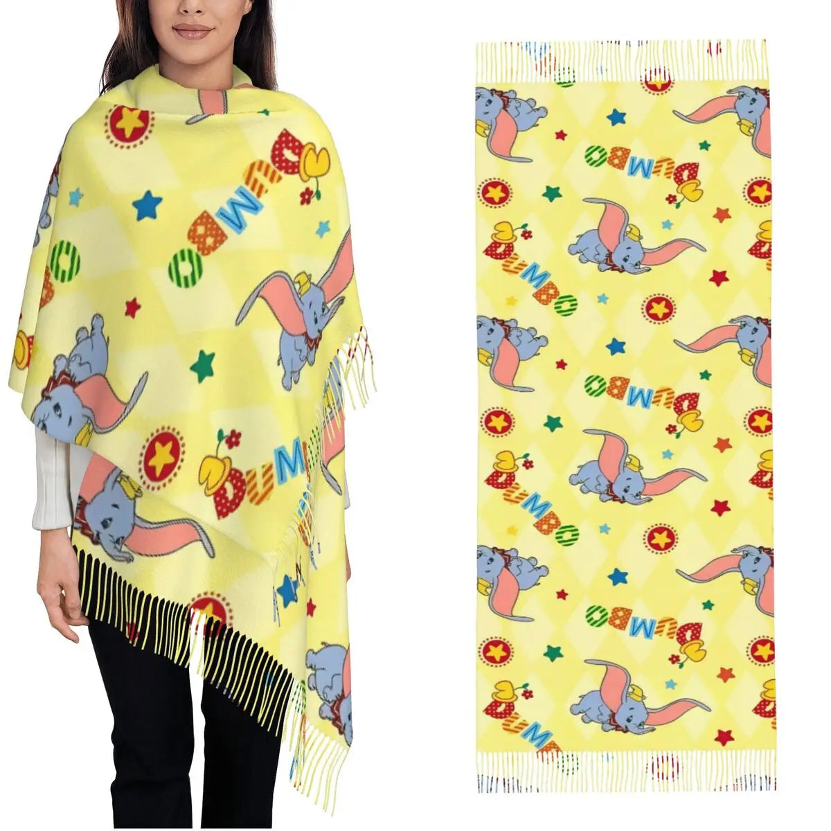 Dumbo Cartoon Cute Elephant Shawls Wraps for Womens Warm Large Soft Scarf Anime Funny Neckerchief Tassel Scarves