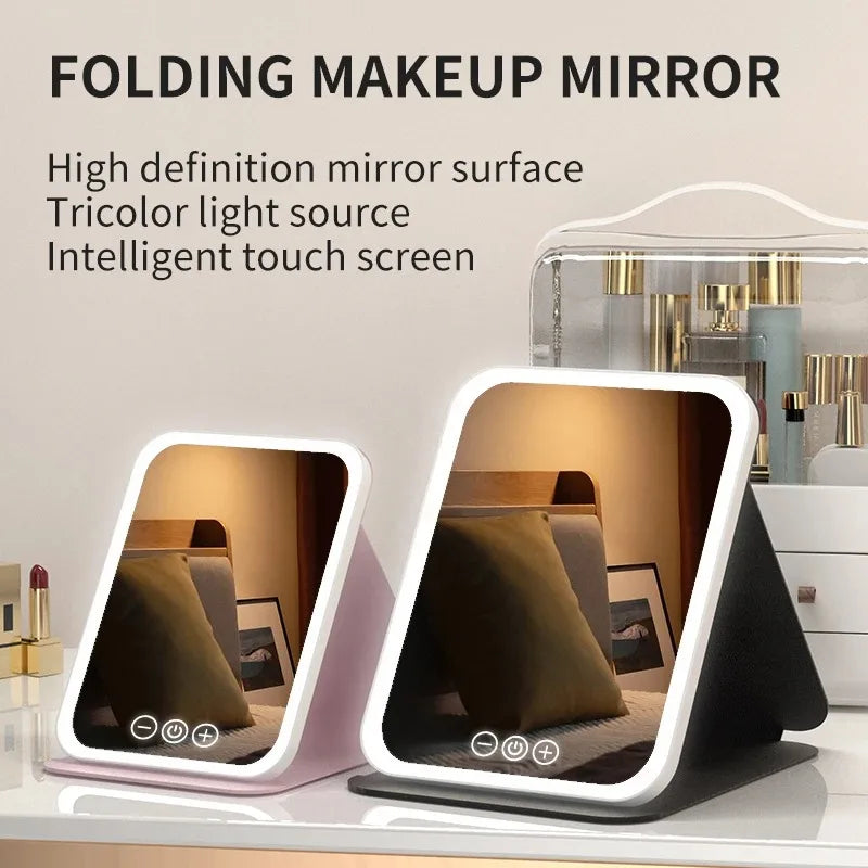 3 Colors LED Vanity Mirror with Touch Screen USB Rechargeable Dimming Makeup Mirror 3 Brightness Portable Fold Mirror Tabletop