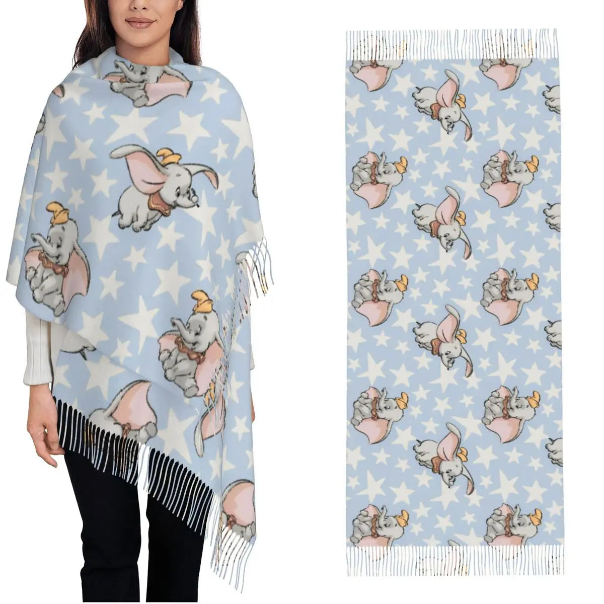 Dumbo Cartoon Cute Elephant Shawls Wraps for Womens Warm Large Soft Scarf Anime Funny Neckerchief Tassel Scarves