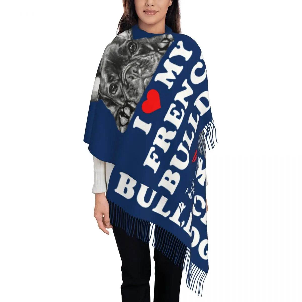 Custom French Bulldog Scarf Wrap Women Long Winter Fall Warm Tassel Shawl Unisex Frenchie Dog Lover Scarves