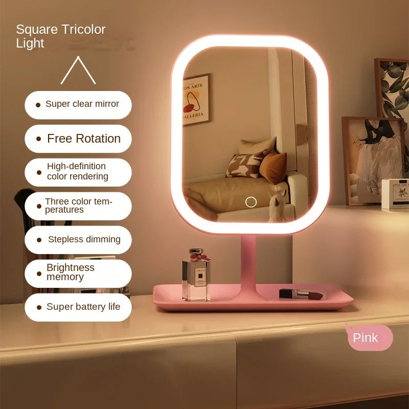 @Desktop Vanity Mirror 3 Color Dimmable Light LED Makeup Mirror Light Touching Mirror Women Bedroom Dressing Mirror