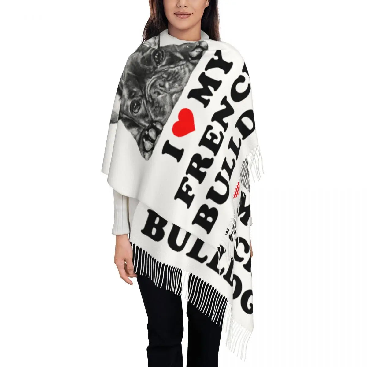 Custom French Bulldog Scarf Wrap Women Long Winter Fall Warm Tassel Shawl Unisex Frenchie Dog Lover Scarves