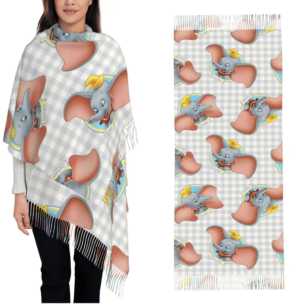 Dumbo Cartoon Cute Elephant Shawls Wraps for Womens Warm Large Soft Scarf Anime Funny Neckerchief Tassel Scarves