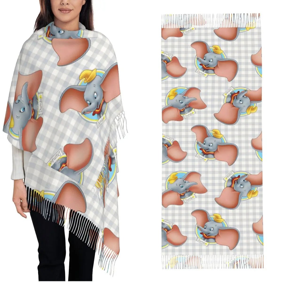Dumbo Cartoon Cute Elephant Shawls Wraps for Womens Warm Large Soft Scarf Anime Funny Neckerchief Tassel Scarves