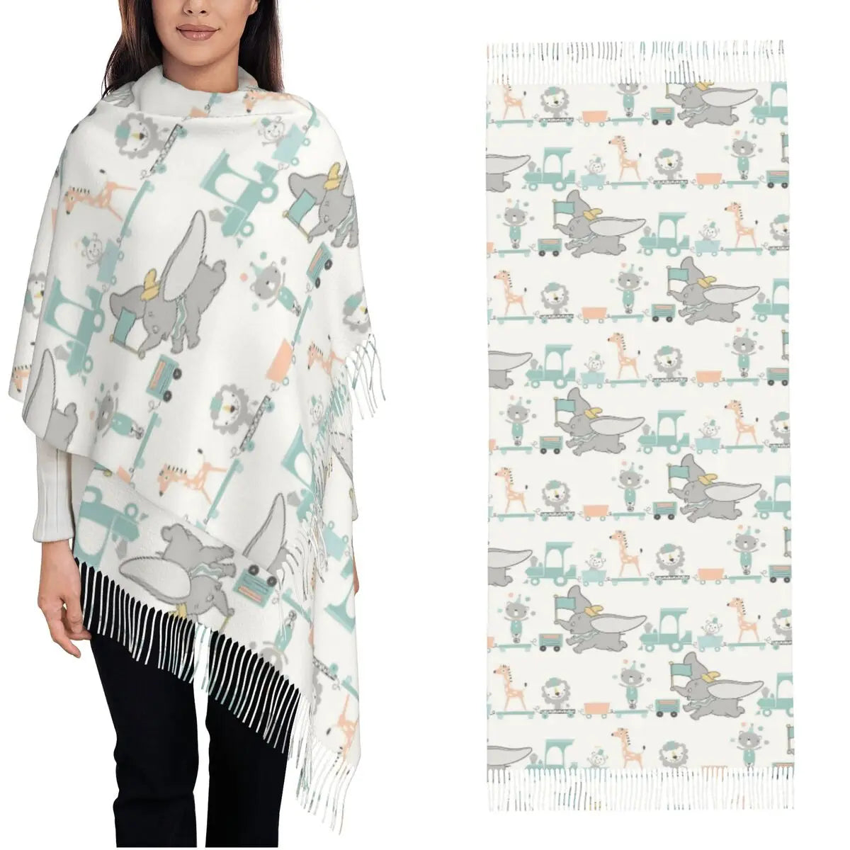 Dumbo Cartoon Cute Elephant Shawls Wraps for Womens Warm Large Soft Scarf Anime Funny Neckerchief Tassel Scarves