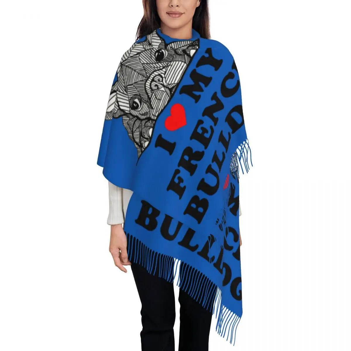 Custom French Bulldog Scarf Wrap Women Long Winter Fall Warm Tassel Shawl Unisex Frenchie Dog Lover Scarves