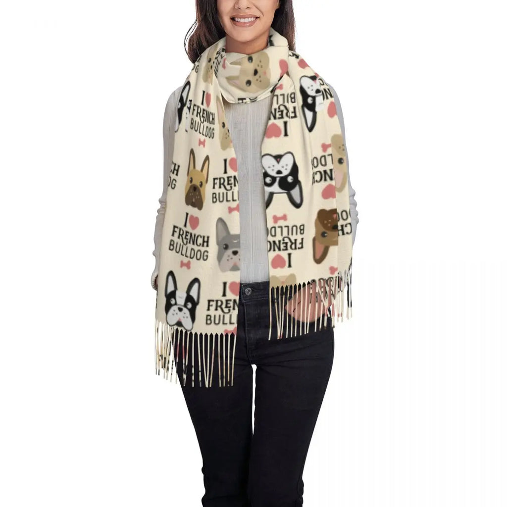 Custom French Bulldog Scarf Wrap Women Long Winter Fall Warm Tassel Shawl Unisex Frenchie Dog Lover Scarves