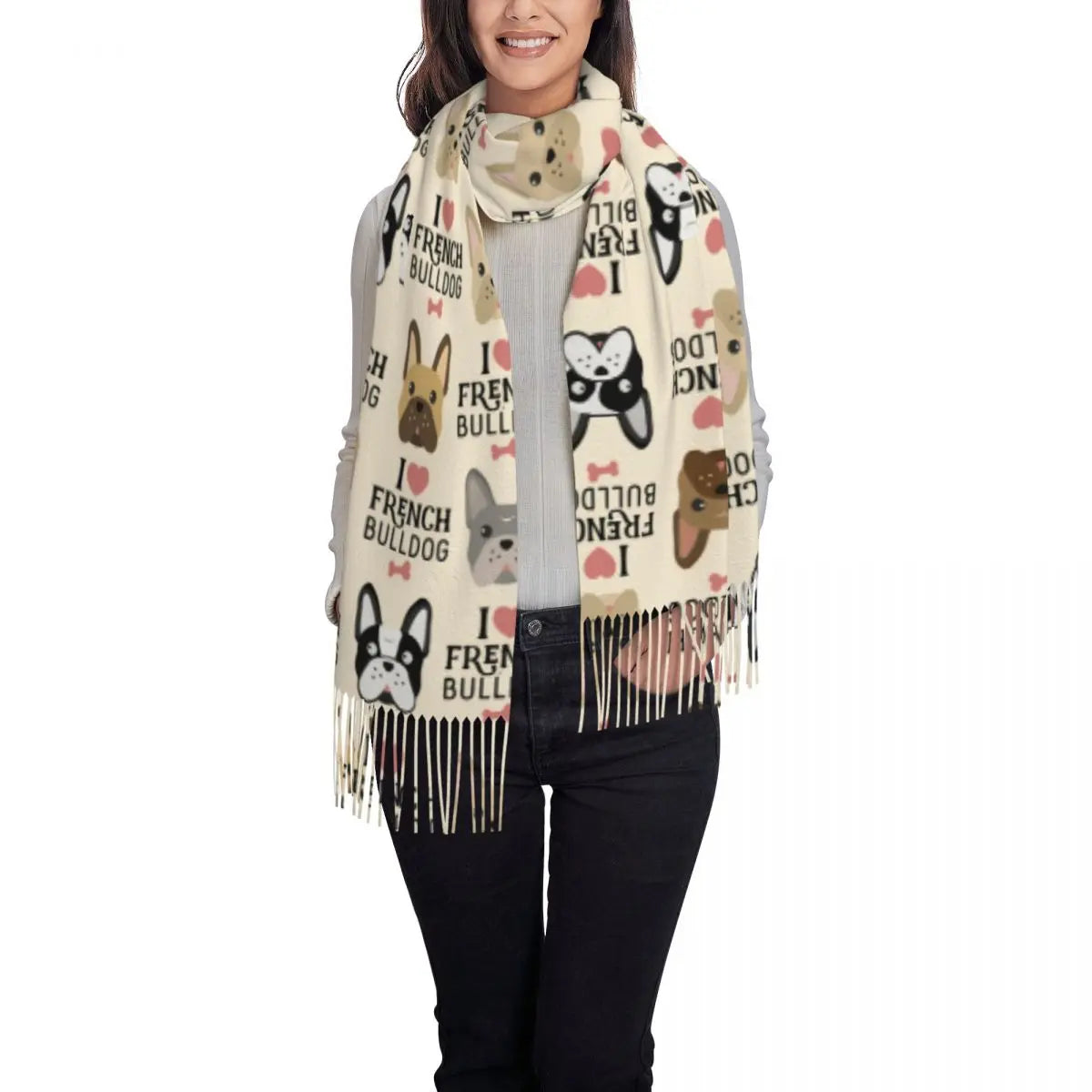 Custom French Bulldog Scarf Wrap Women Long Winter Fall Warm Tassel Shawl Unisex Frenchie Dog Lover Scarves