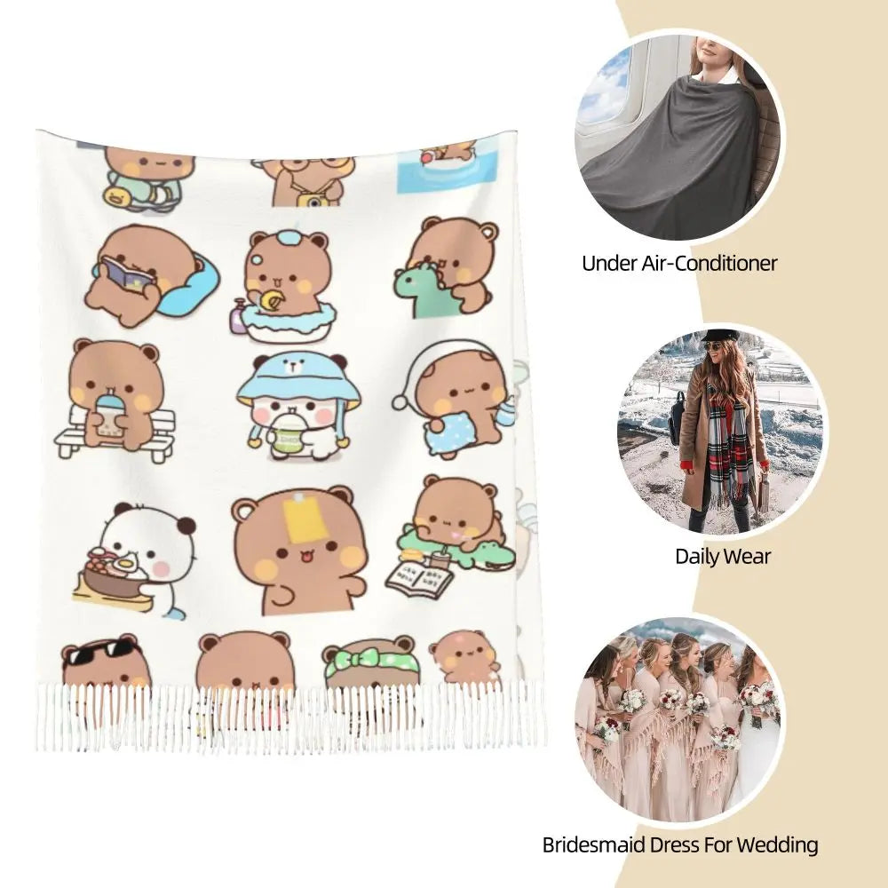 Bubu Dudu Panda Bears Cartoon Shawl Wraps for Ladies Winter Large Long Scarf Collection Cute Pashminas Tassel Scarves