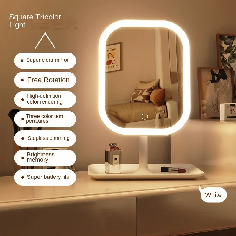 @Desktop Vanity Mirror 3 Color Dimmable Light LED Makeup Mirror Light Touching Mirror Women Bedroom Dressing Mirror