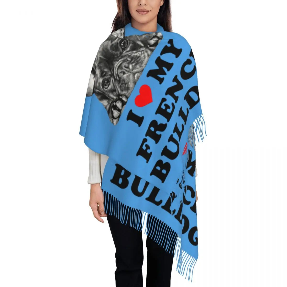 Custom French Bulldog Scarf Wrap Women Long Winter Fall Warm Tassel Shawl Unisex Frenchie Dog Lover Scarves