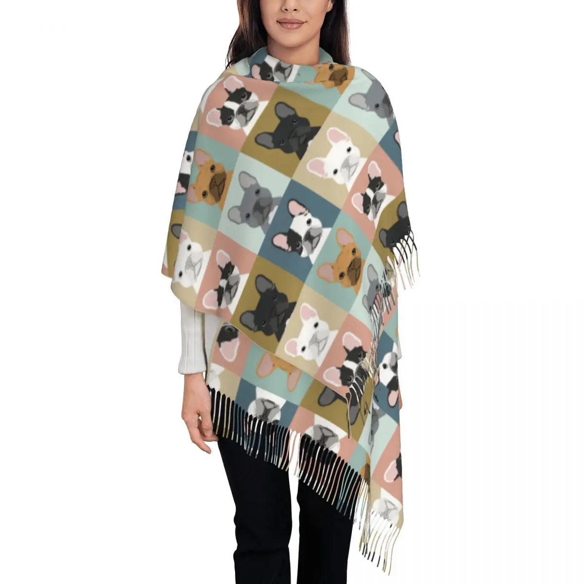 Custom French Bulldog Scarf Wrap Women Long Winter Fall Warm Tassel Shawl Unisex Frenchie Dog Lover Scarves