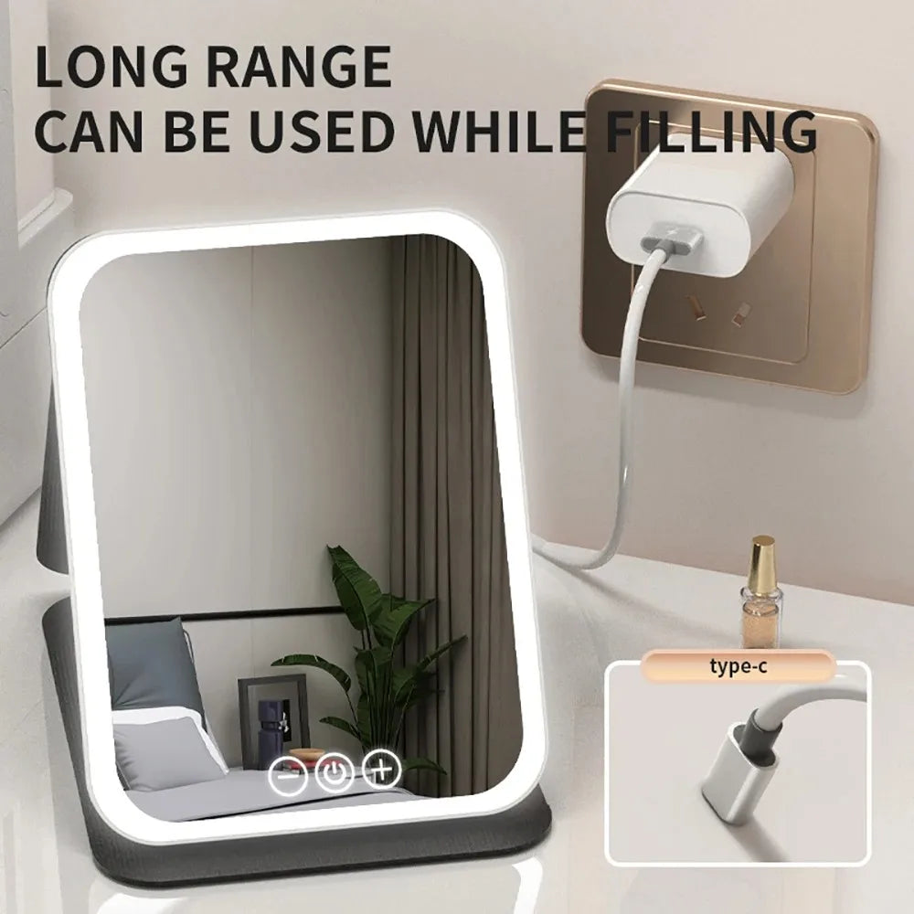 3 Colors LED Vanity Mirror with Touch Screen USB Rechargeable Dimming Makeup Mirror 3 Brightness Portable Fold Mirror Tabletop
