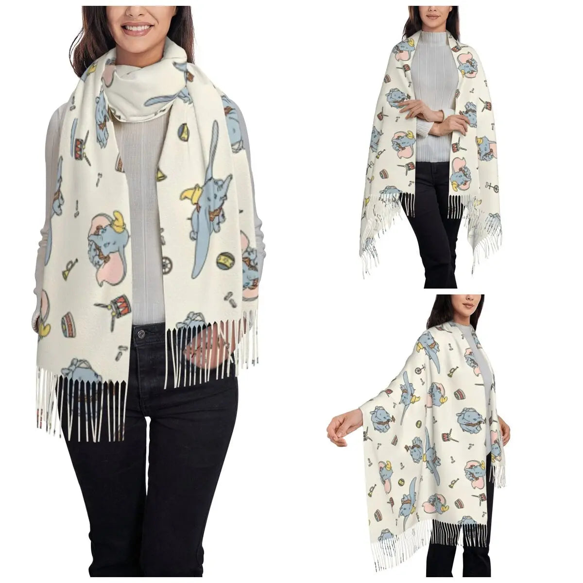 Dumbo Cartoon Cute Elephant Shawls Wraps for Womens Warm Large Soft Scarf Anime Funny Neckerchief Tassel Scarves