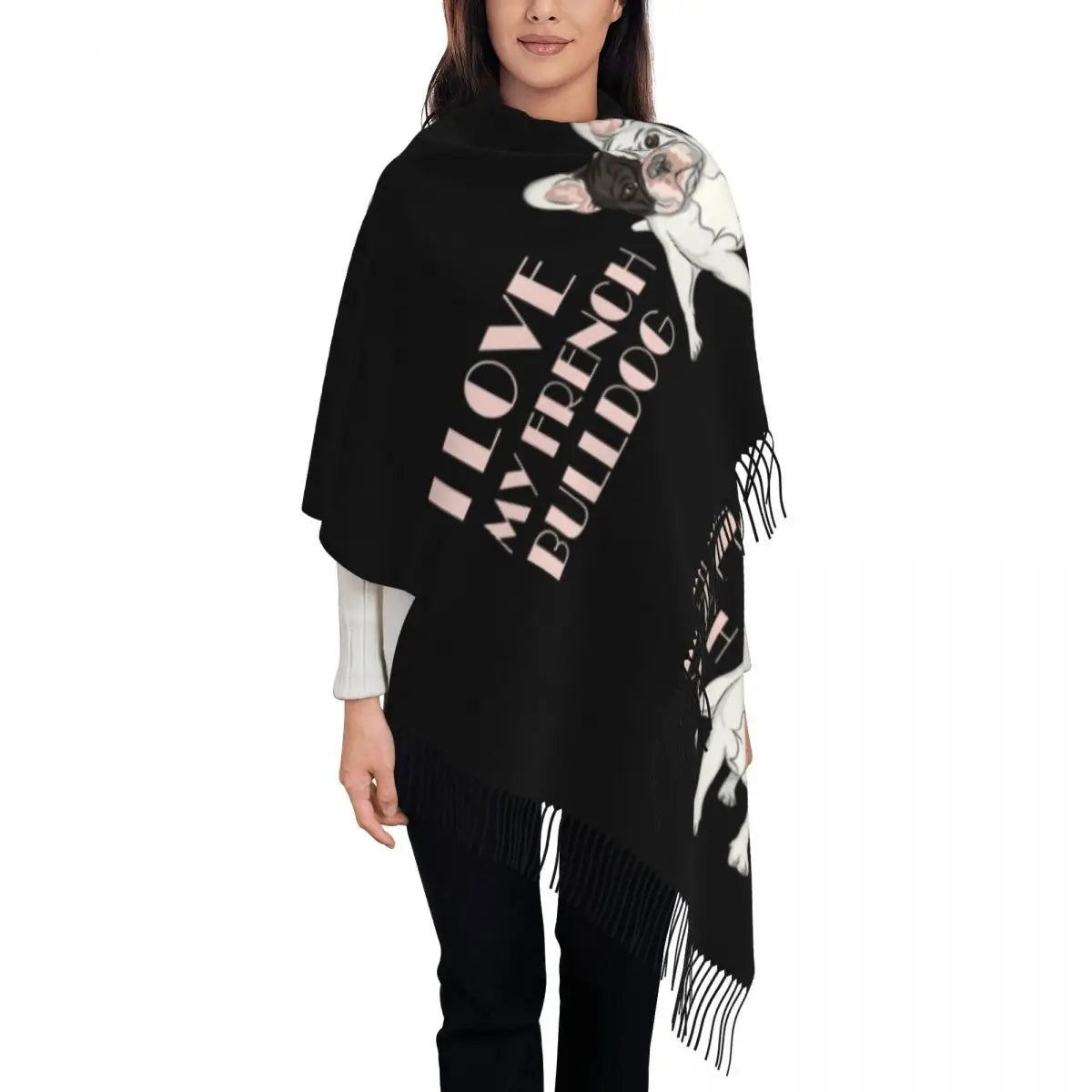 Custom French Bulldog Scarf Wrap Women Long Winter Fall Warm Tassel Shawl Unisex Frenchie Dog Lover Scarves