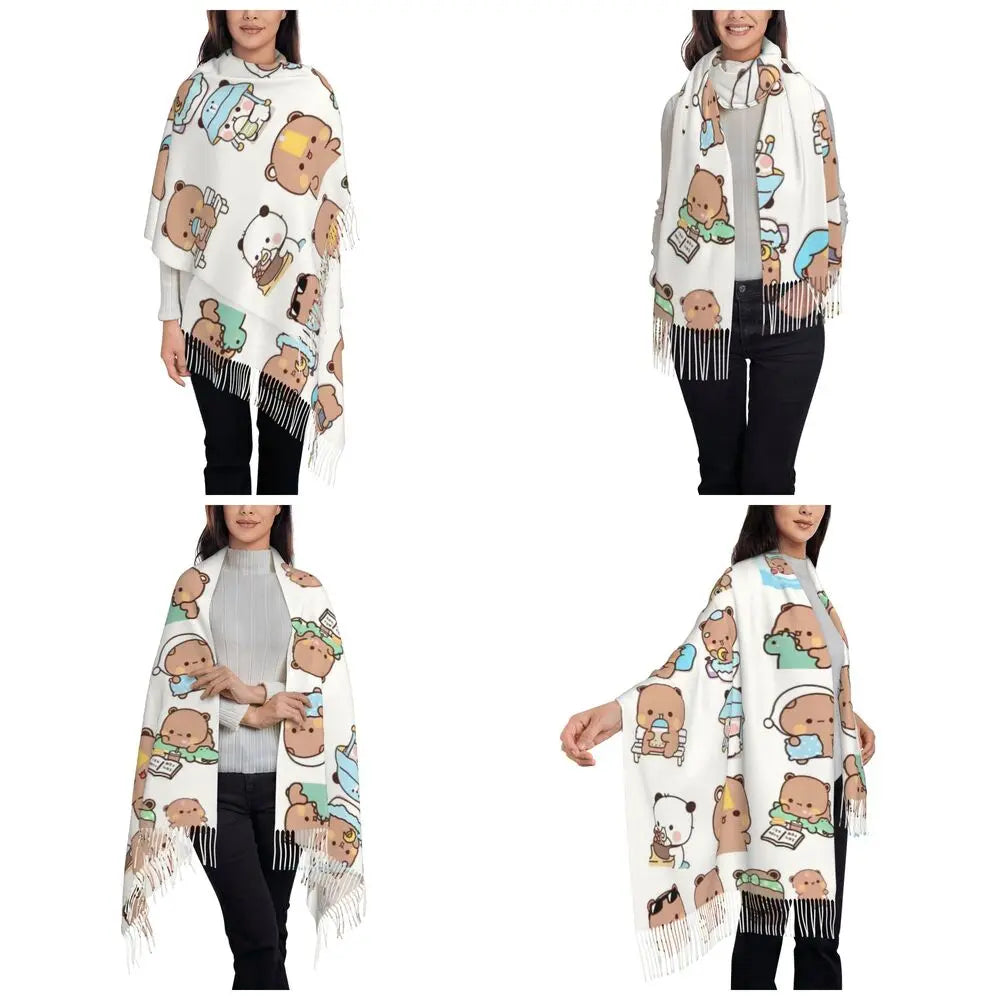 Bubu Dudu Panda Bears Cartoon Shawl Wraps for Ladies Winter Large Long Scarf Collection Cute Pashminas Tassel Scarves