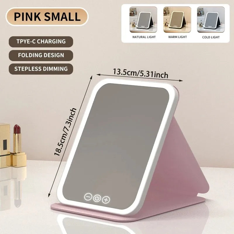3 Colors LED Vanity Mirror with Touch Screen USB Rechargeable Dimming Makeup Mirror 3 Brightness Portable Fold Mirror Tabletop