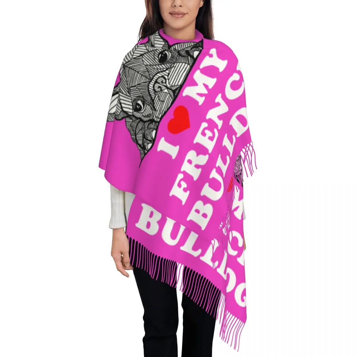 Custom French Bulldog Scarf Wrap Women Long Winter Fall Warm Tassel Shawl Unisex Frenchie Dog Lover Scarves