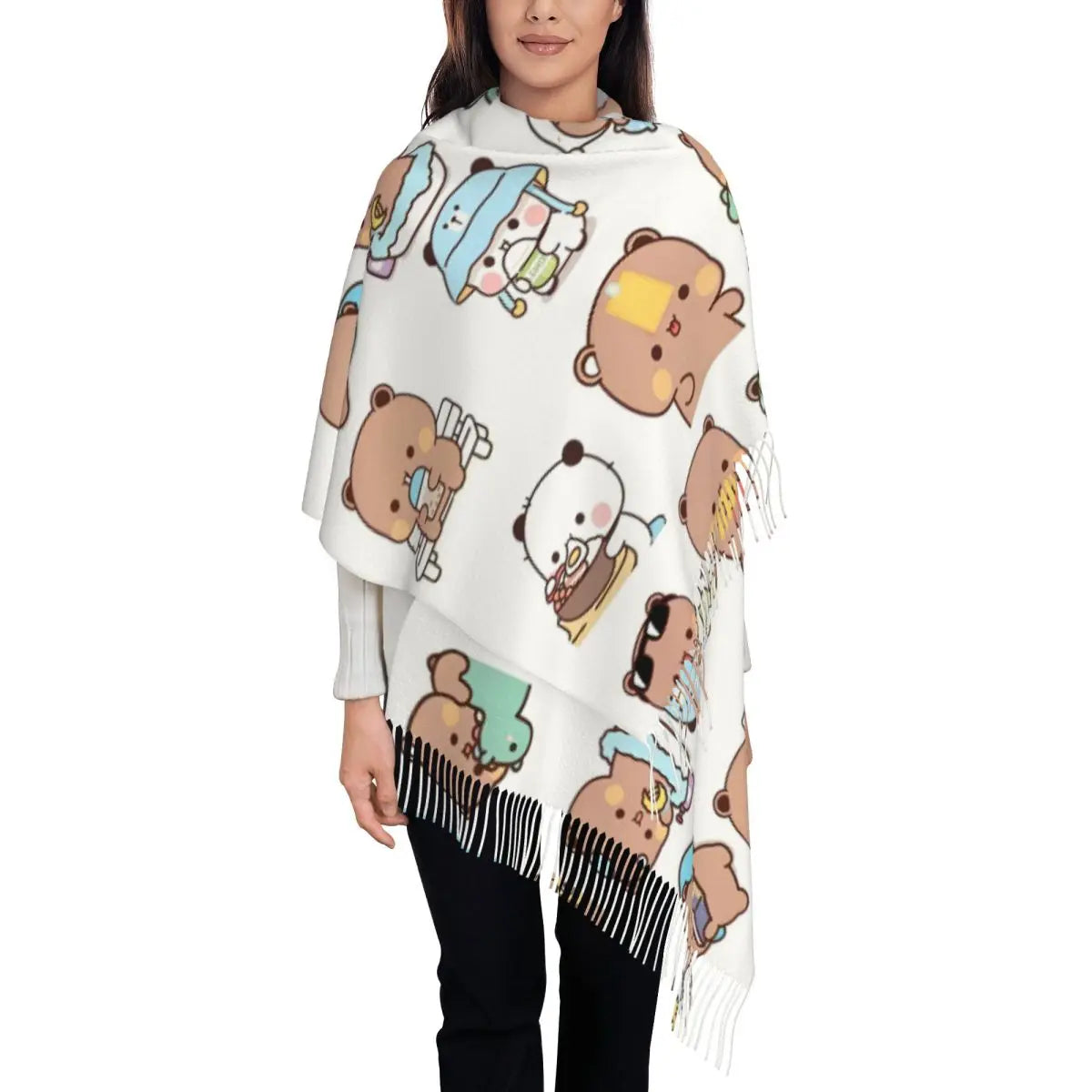 Bubu Dudu Panda Bears Cartoon Shawl Wraps for Ladies Winter Large Long Scarf Collection Cute Pashminas Tassel Scarves