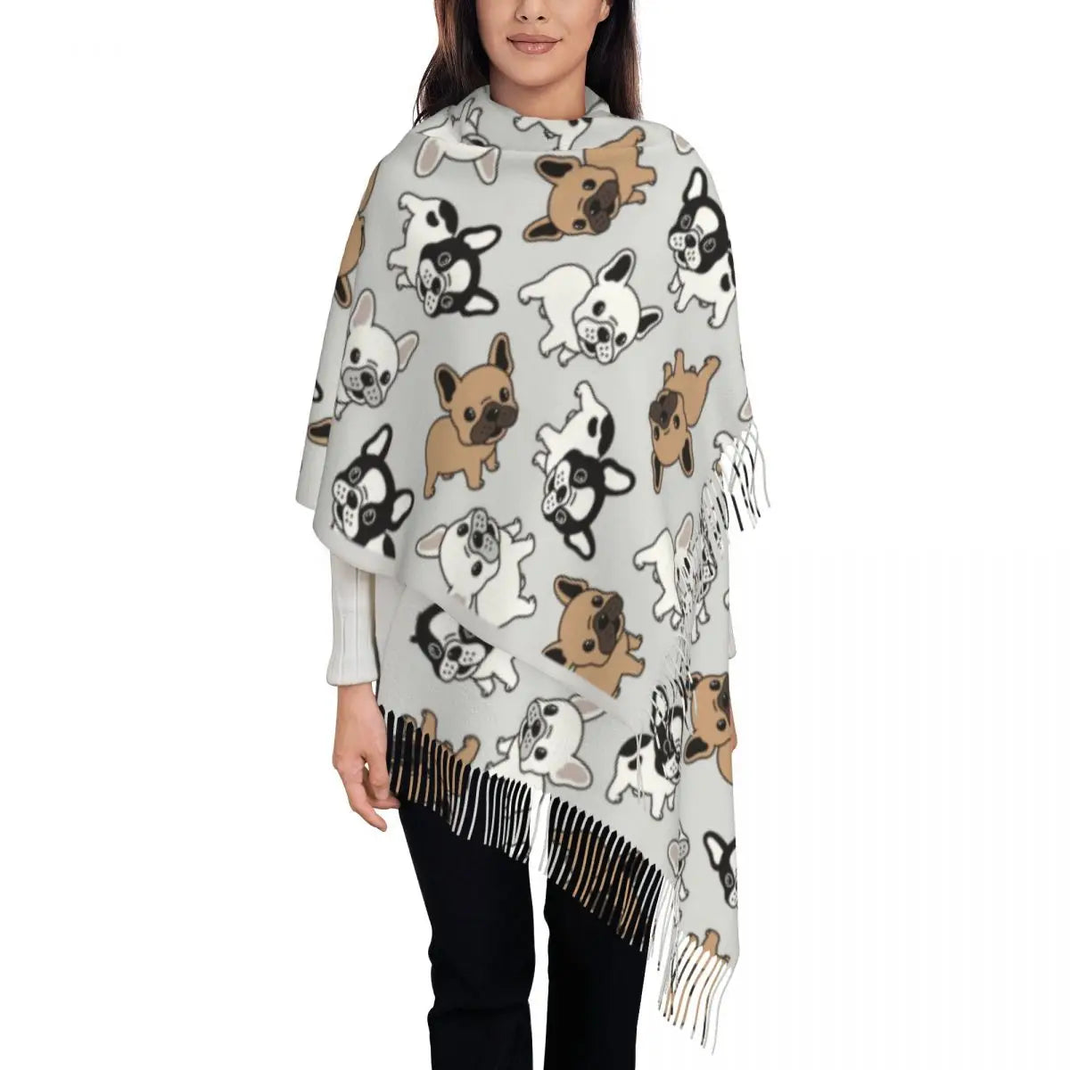 Custom French Bulldog Scarf Wrap Women Long Winter Fall Warm Tassel Shawl Unisex Frenchie Dog Lover Scarves