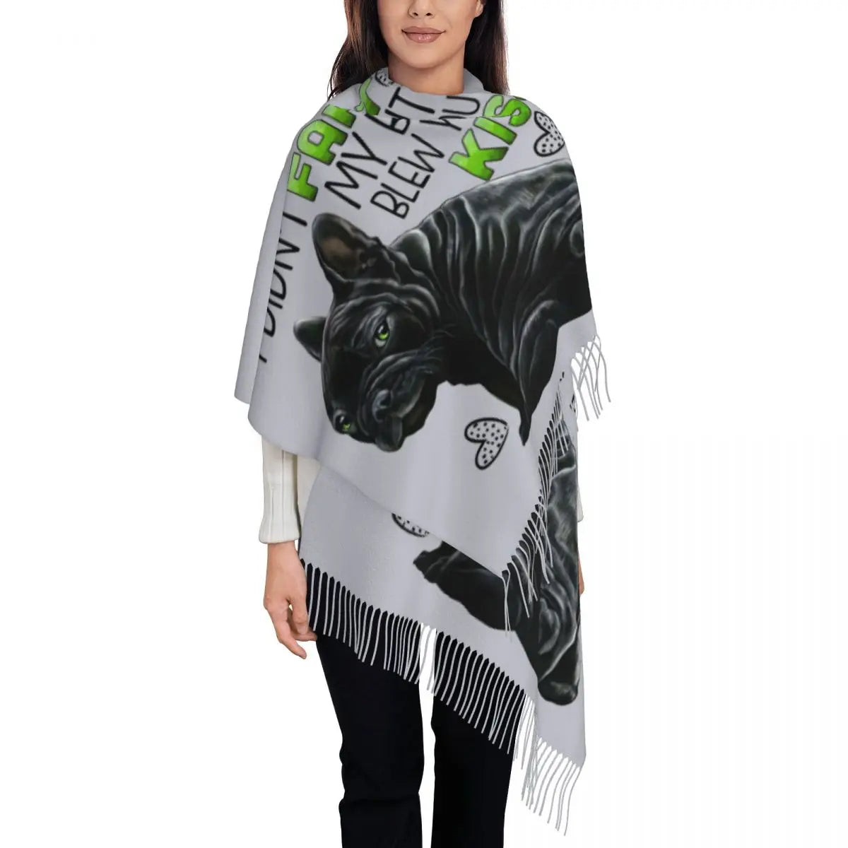 Custom French Bulldog Scarf Wrap Women Long Winter Fall Warm Tassel Shawl Unisex Frenchie Dog Lover Scarves