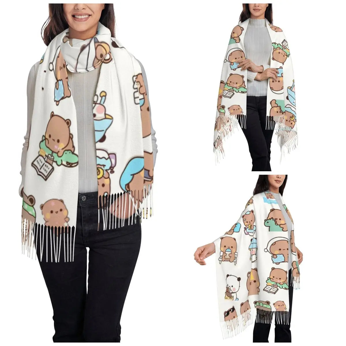 Bubu Dudu Panda Bears Cartoon Shawl Wraps for Ladies Winter Large Long Scarf Collection Cute Pashminas Tassel Scarves
