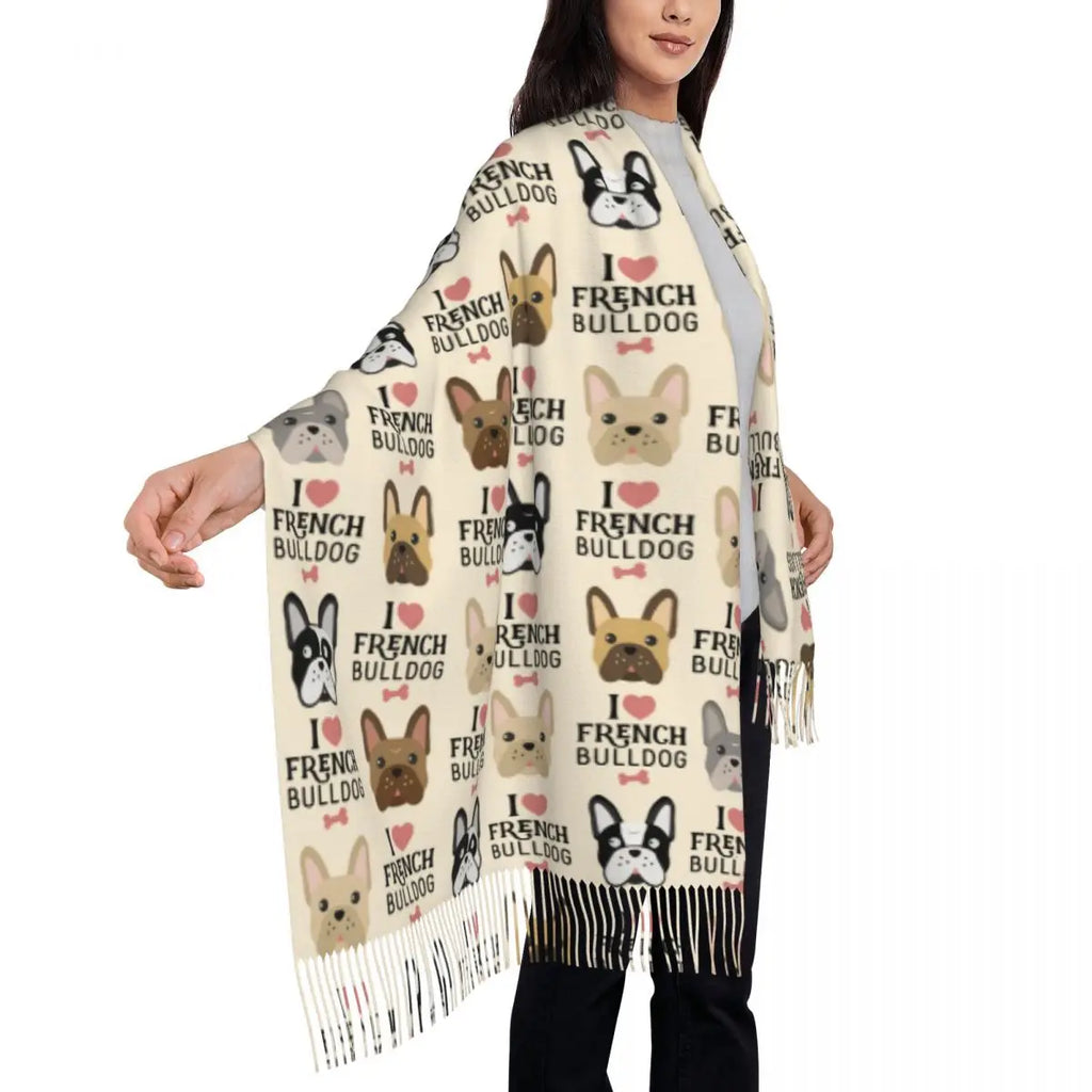 Custom French Bulldog Scarf Wrap Women Long Winter Fall Warm Tassel Shawl Unisex Frenchie Dog Lover Scarves
