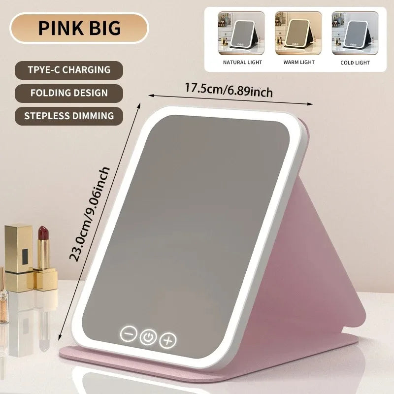3 Colors LED Vanity Mirror with Touch Screen USB Rechargeable Dimming Makeup Mirror 3 Brightness Portable Fold Mirror Tabletop