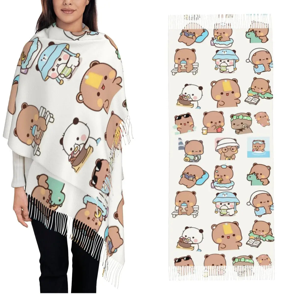 Bubu Dudu Panda Bears Cartoon Shawl Wraps for Ladies Winter Large Long Scarf Collection Cute Pashminas Tassel Scarves