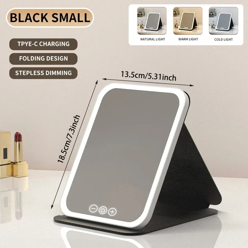 3 Colors LED Vanity Mirror with Touch Screen USB Rechargeable Dimming Makeup Mirror 3 Brightness Portable Fold Mirror Tabletop
