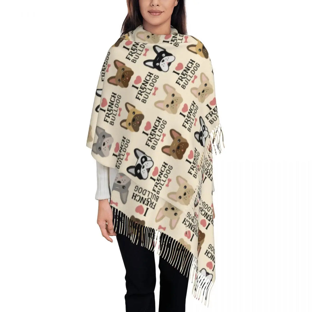 Custom French Bulldog Scarf Wrap Women Long Winter Fall Warm Tassel Shawl Unisex Frenchie Dog Lover Scarves