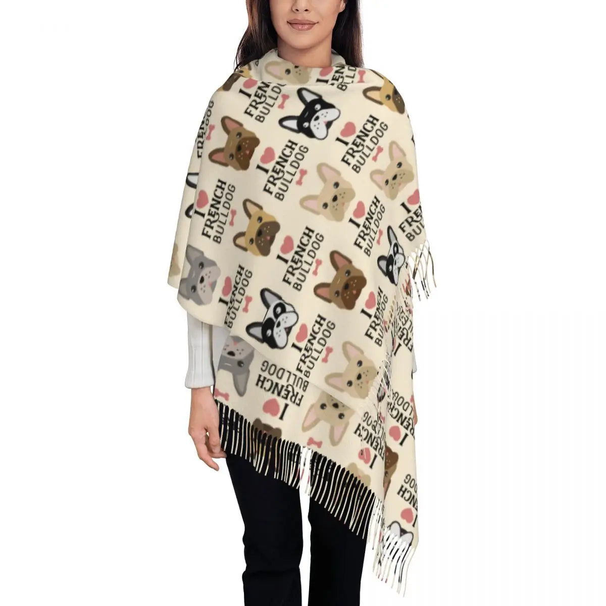 Custom French Bulldog Scarf Wrap Women Long Winter Fall Warm Tassel Shawl Unisex Frenchie Dog Lover Scarves