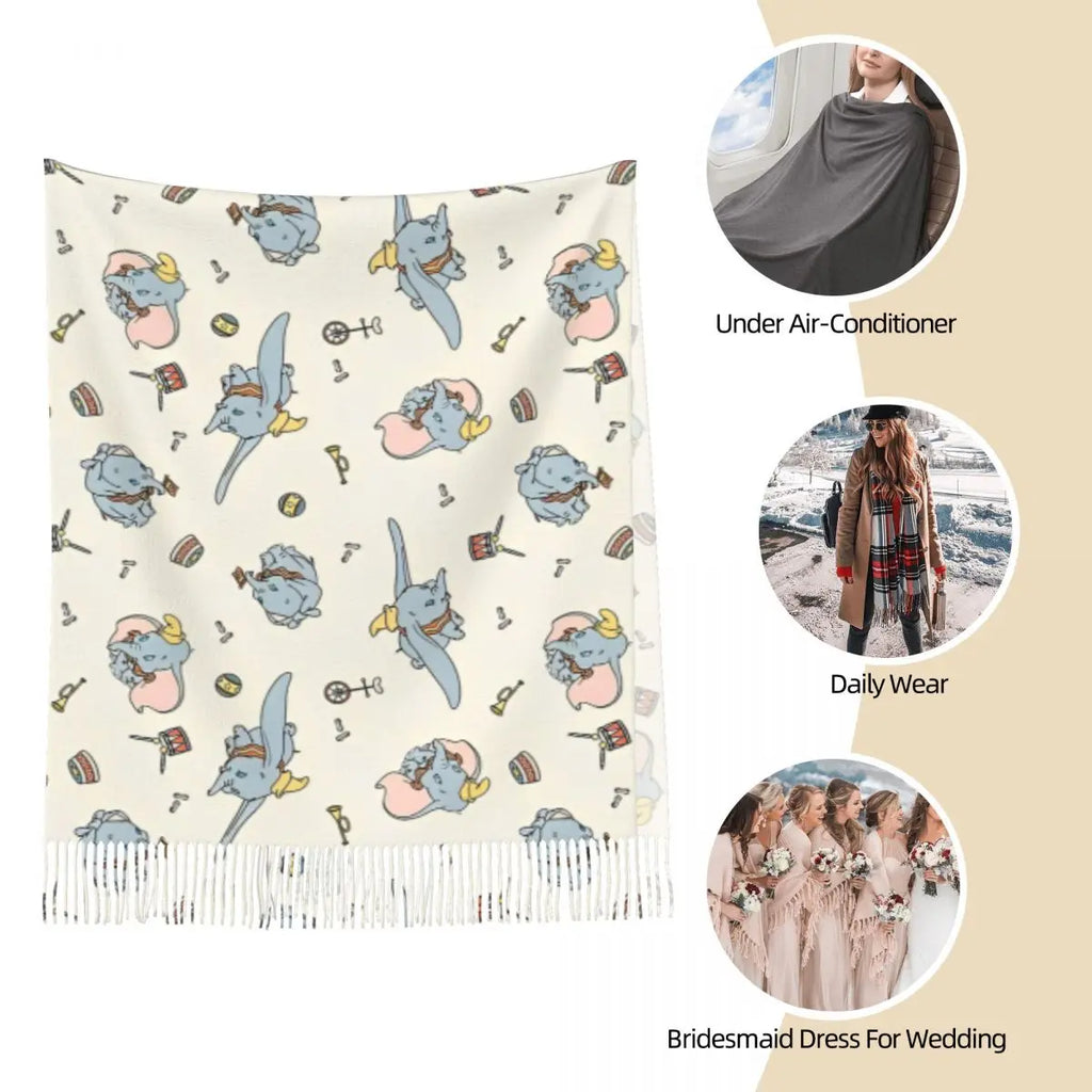 Dumbo Cartoon Cute Elephant Shawls Wraps for Womens Warm Large Soft Scarf Anime Funny Neckerchief Tassel Scarves
