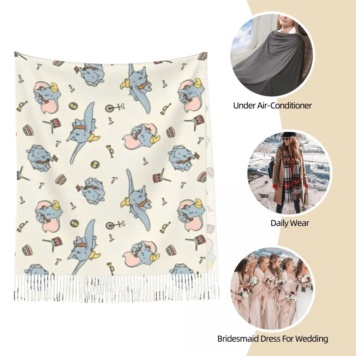 Dumbo Cartoon Cute Elephant Shawls Wraps for Womens Warm Large Soft Scarf Anime Funny Neckerchief Tassel Scarves