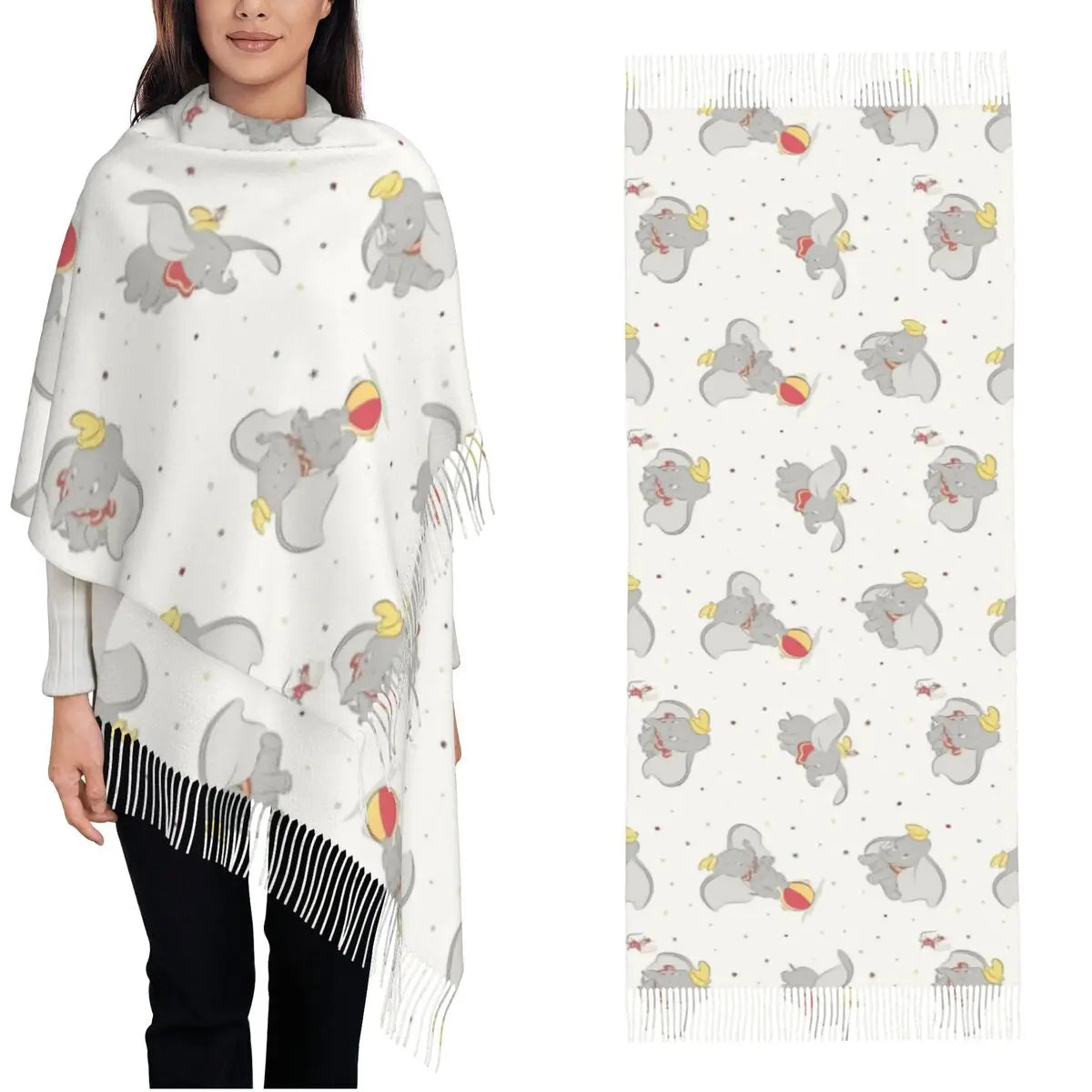 Dumbo Cartoon Cute Elephant Shawls Wraps for Womens Warm Large Soft Scarf Anime Funny Neckerchief Tassel Scarves
