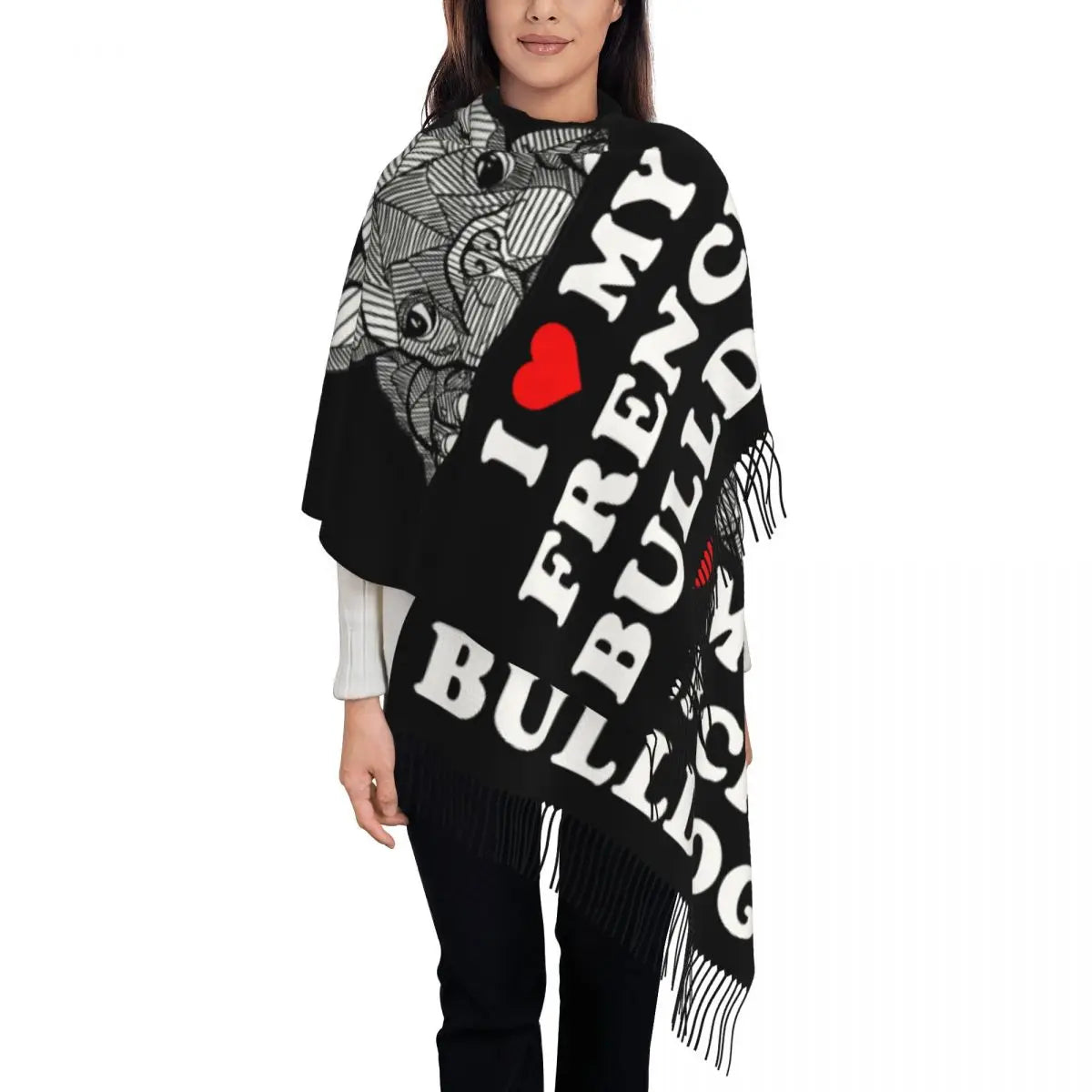 Custom French Bulldog Scarf Wrap Women Long Winter Fall Warm Tassel Shawl Unisex Frenchie Dog Lover Scarves