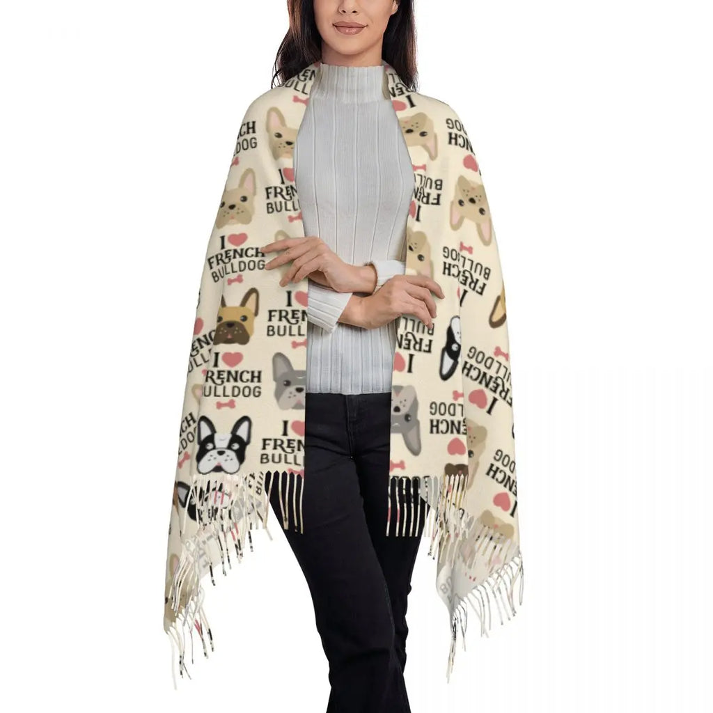 Custom French Bulldog Scarf Wrap Women Long Winter Fall Warm Tassel Shawl Unisex Frenchie Dog Lover Scarves