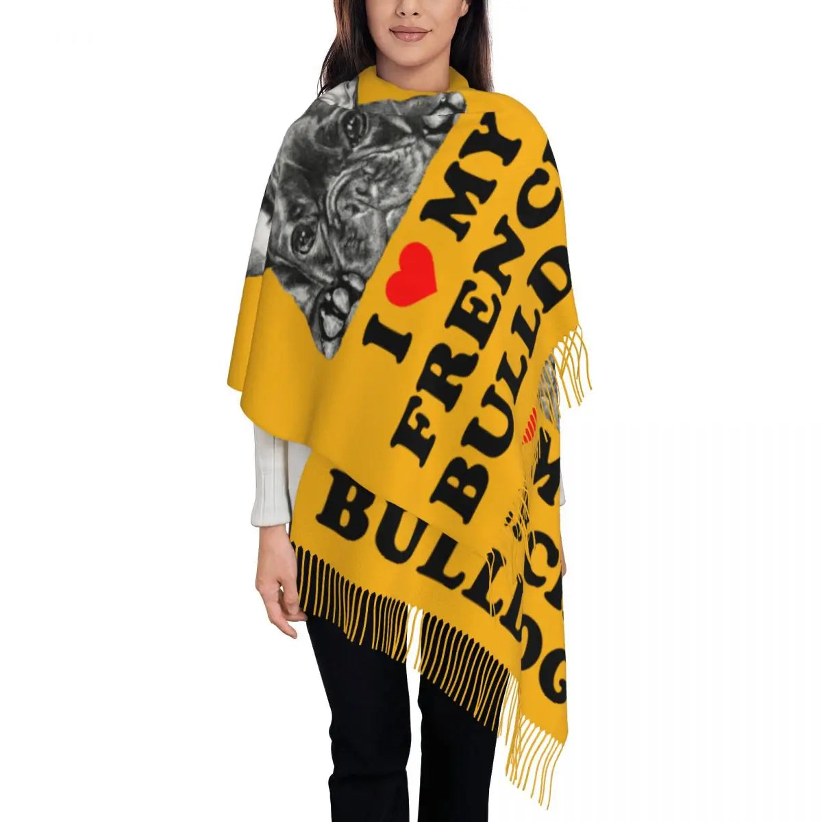Custom French Bulldog Scarf Wrap Women Long Winter Fall Warm Tassel Shawl Unisex Frenchie Dog Lover Scarves
