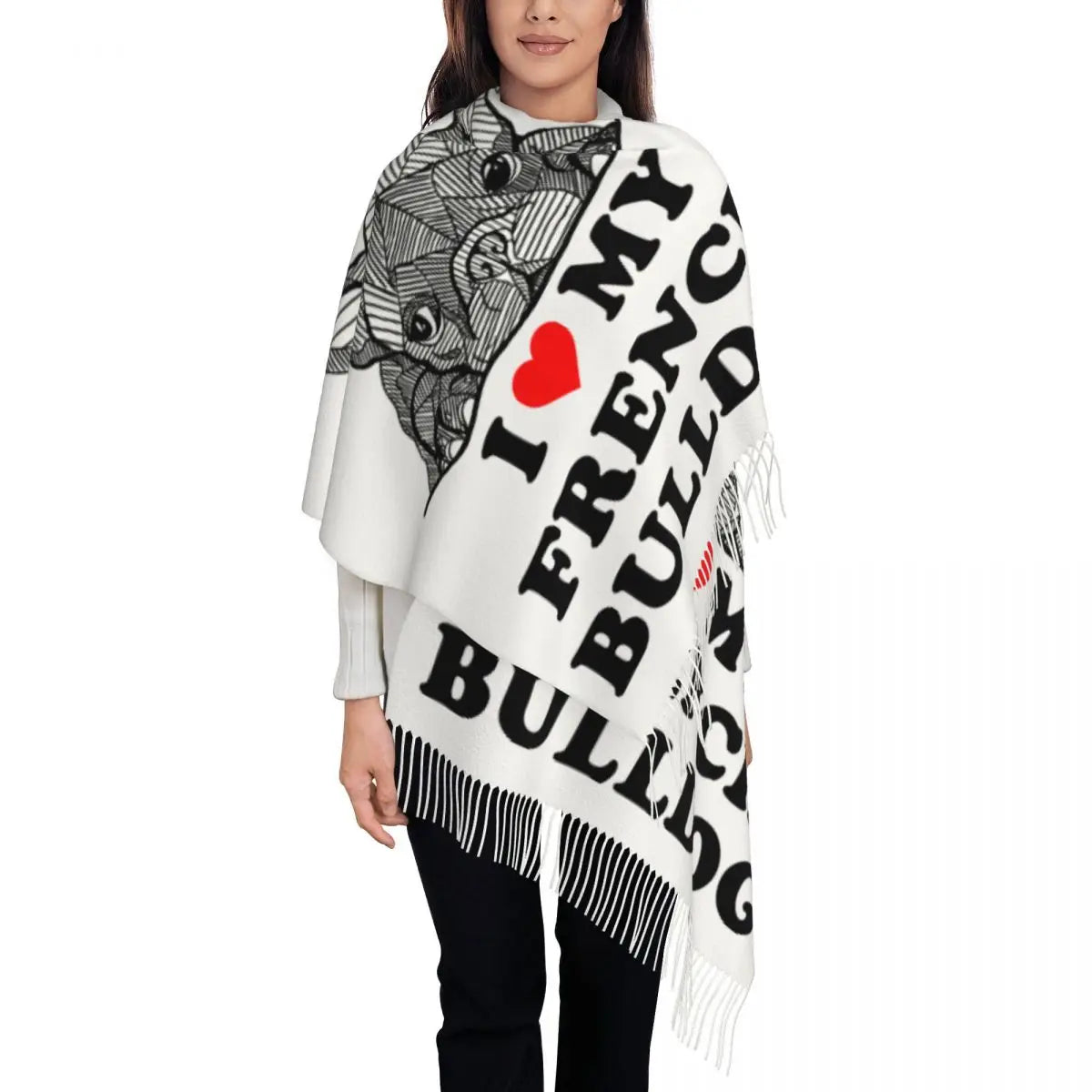 Custom French Bulldog Scarf Wrap Women Long Winter Fall Warm Tassel Shawl Unisex Frenchie Dog Lover Scarves