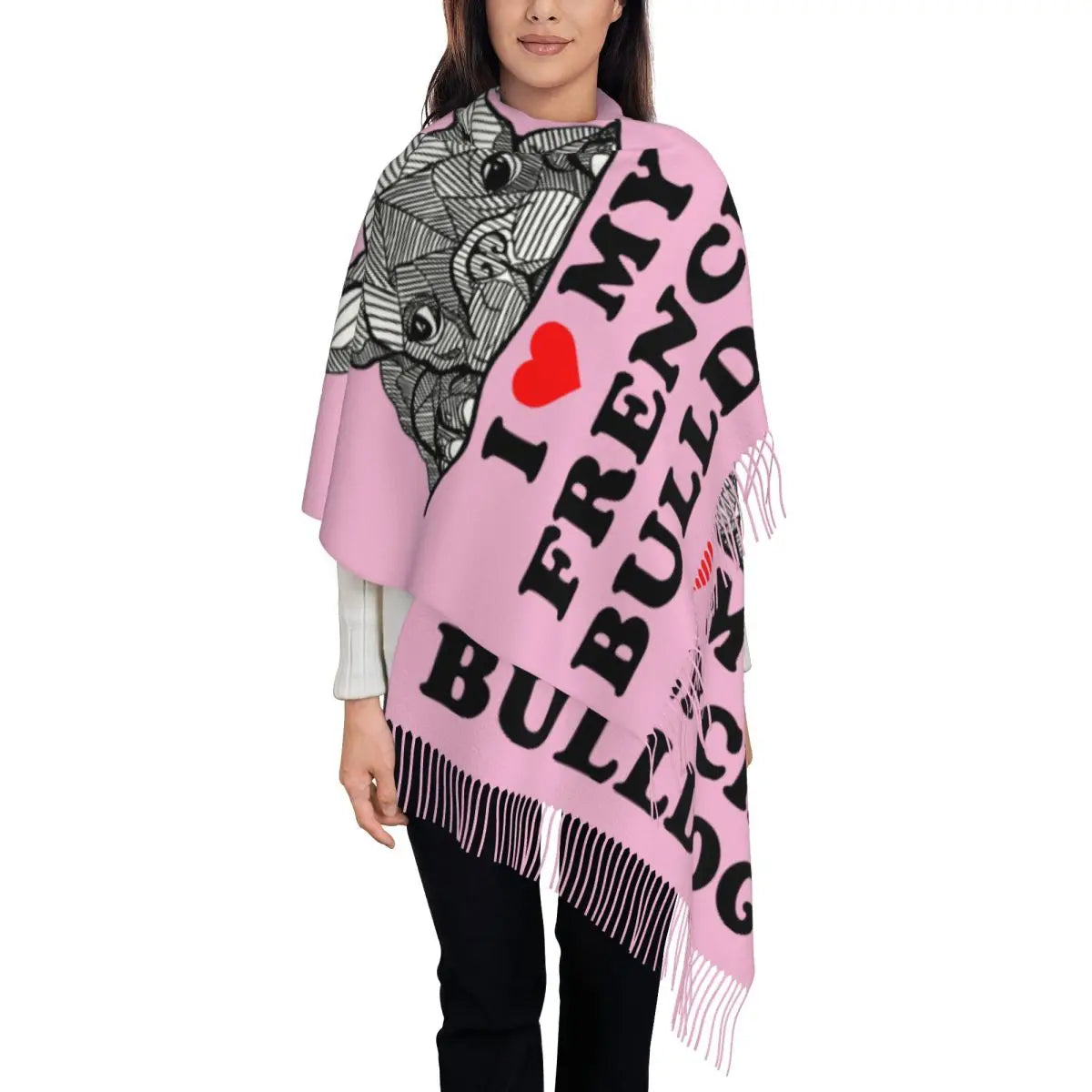 Custom French Bulldog Scarf Wrap Women Long Winter Fall Warm Tassel Shawl Unisex Frenchie Dog Lover Scarves