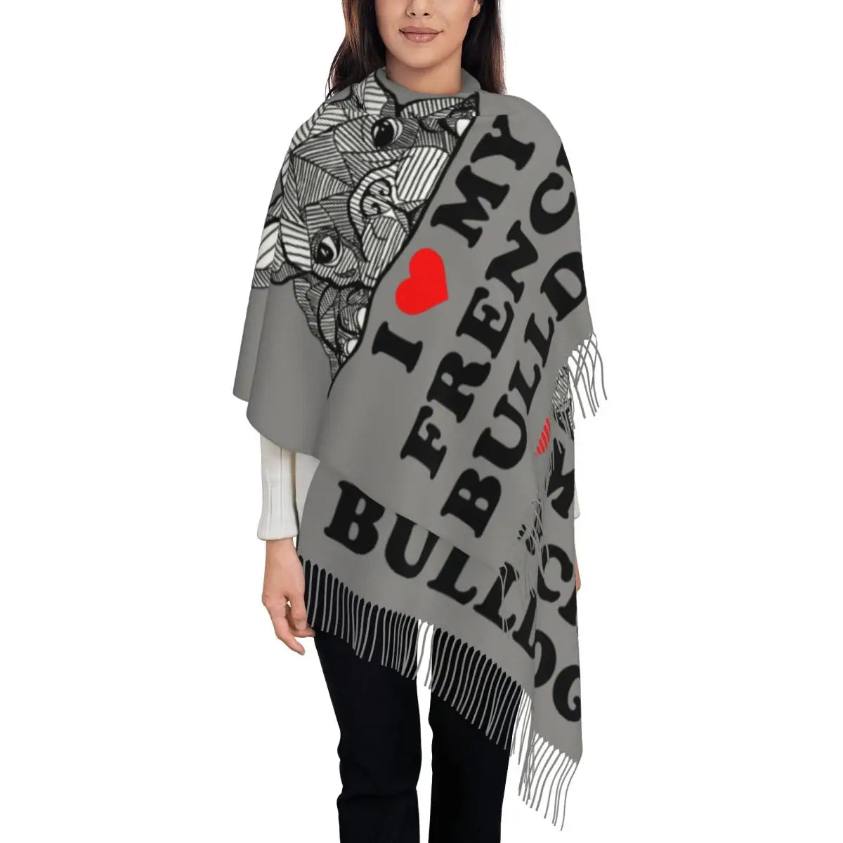 Custom French Bulldog Scarf Wrap Women Long Winter Fall Warm Tassel Shawl Unisex Frenchie Dog Lover Scarves