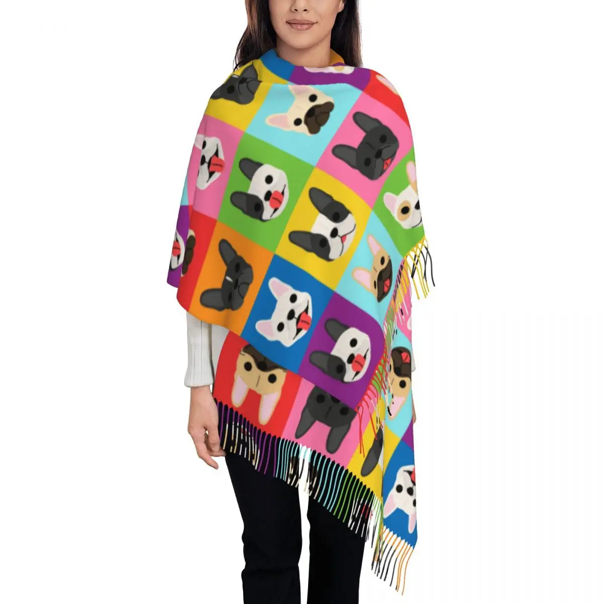 Custom French Bulldog Scarf Wrap Women Long Winter Fall Warm Tassel Shawl Unisex Frenchie Dog Lover Scarves