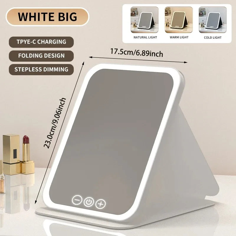 3 Colors LED Vanity Mirror with Touch Screen USB Rechargeable Dimming Makeup Mirror 3 Brightness Portable Fold Mirror Tabletop