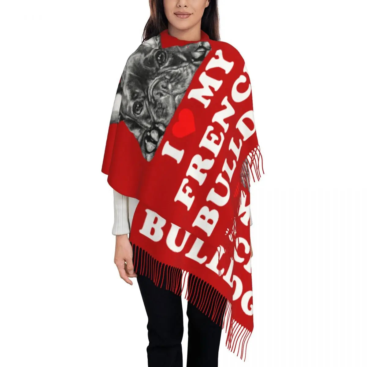 Custom French Bulldog Scarf Wrap Women Long Winter Fall Warm Tassel Shawl Unisex Frenchie Dog Lover Scarves